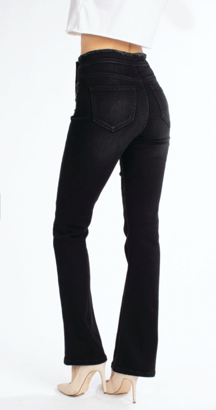 KanCan High Rise Button Detail Flare - Black