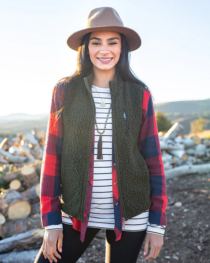 Grace and Lace  Sherpa Vest - Olive