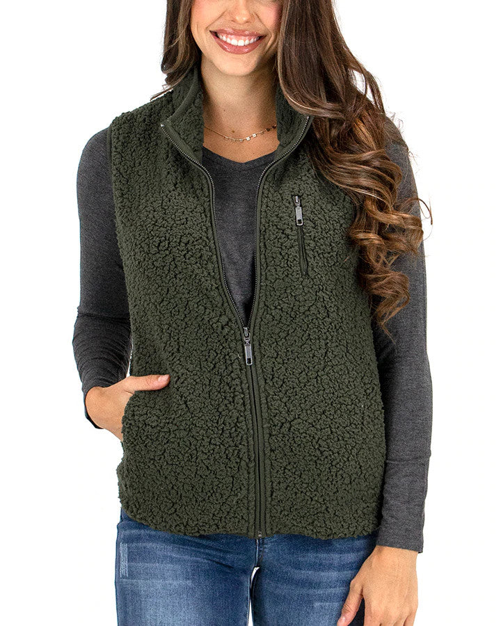 Grace and Lace  Sherpa Vest - Olive