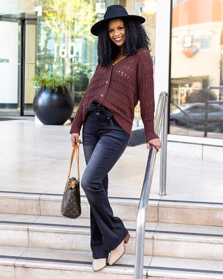 Grace and Lace Waist Tie Flares in Washed Black