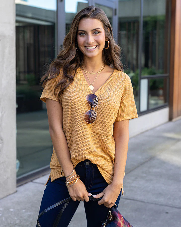 Grace and Lace- Slouchy Waffle Tee in Mustard