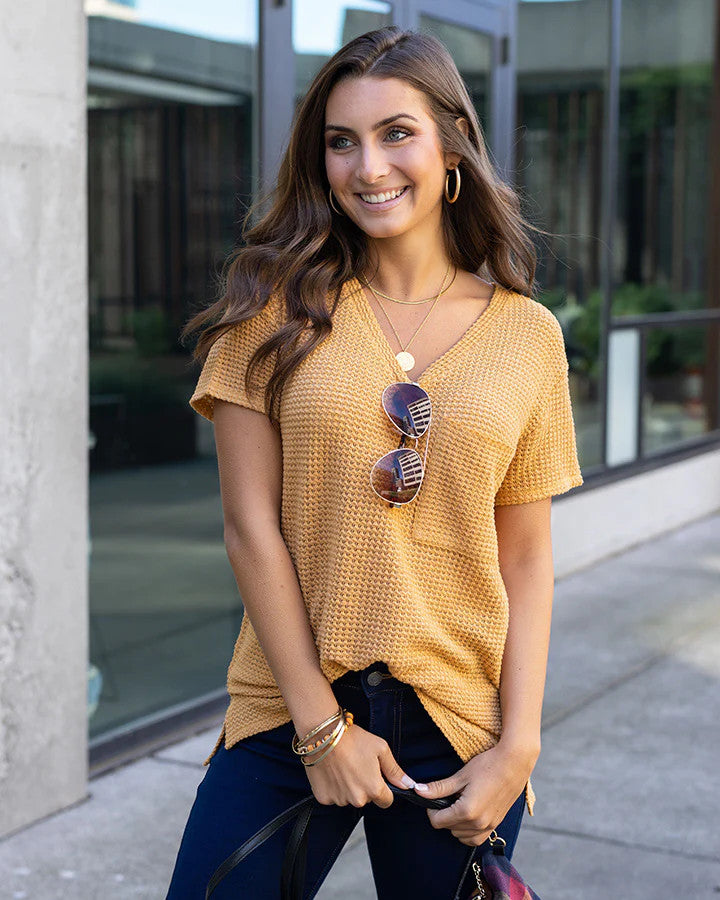 Grace and Lace- Slouchy Waffle Tee in Mustard