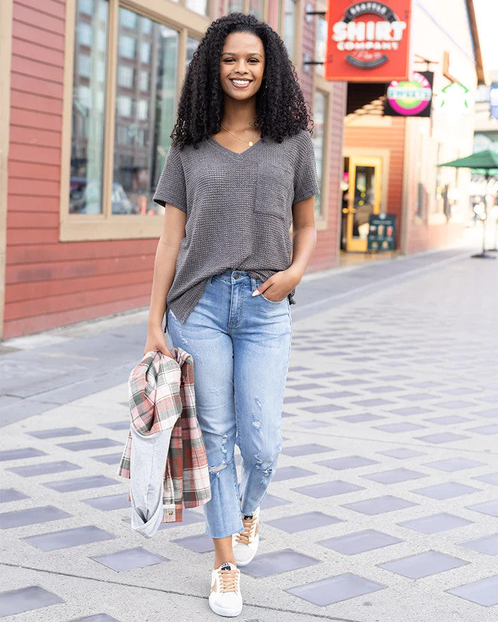 Grace and Lace- Slouchy Waffle Tee in Slate