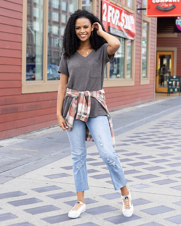 Grace and Lace- Slouchy Waffle Tee in Slate