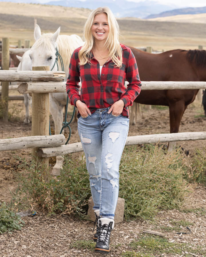 Grace and Lace Favorite Stretch Plaid Henley - Red Buffalo Check