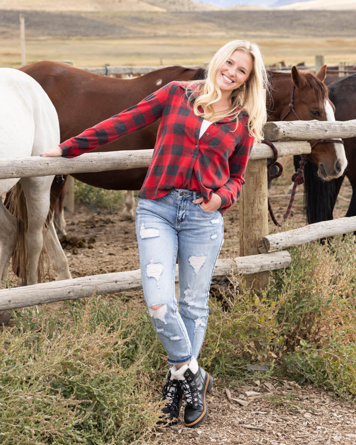 Grace and Lace Favorite Stretch Plaid Henley - Red Buffalo Check