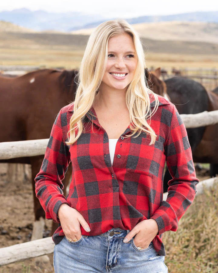 Grace and Lace Favorite Stretch Plaid Henley - Red Buffalo Check