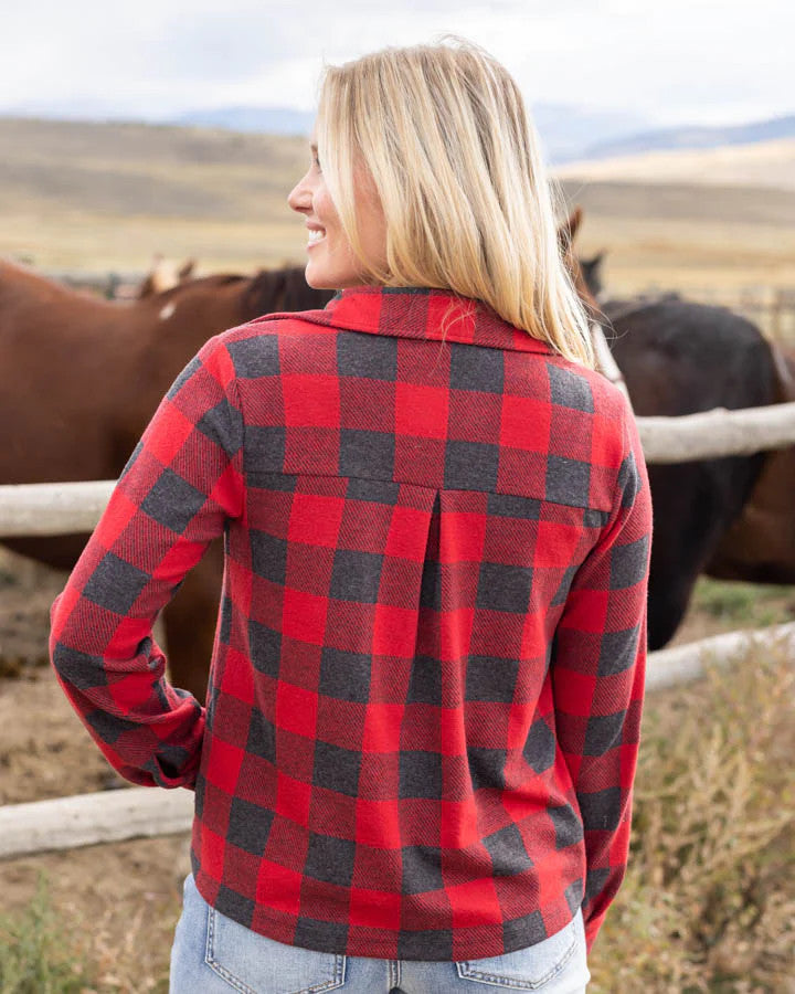 Grace and Lace Favorite Stretch Plaid Henley - Red Buffalo Check