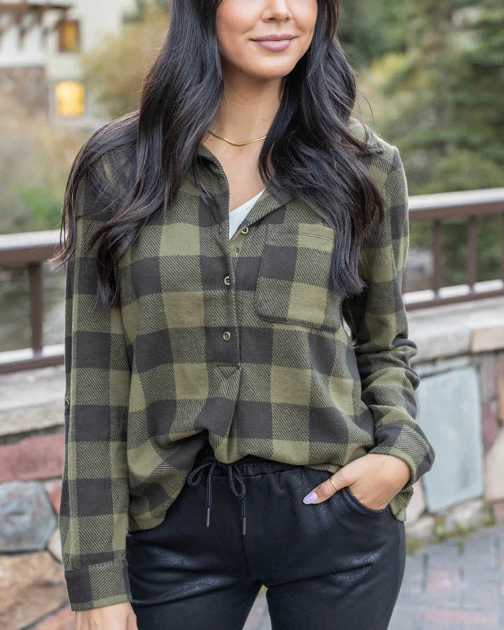 Grace and Lace Favorite Stretch Plaid Henley - Olive Plaid