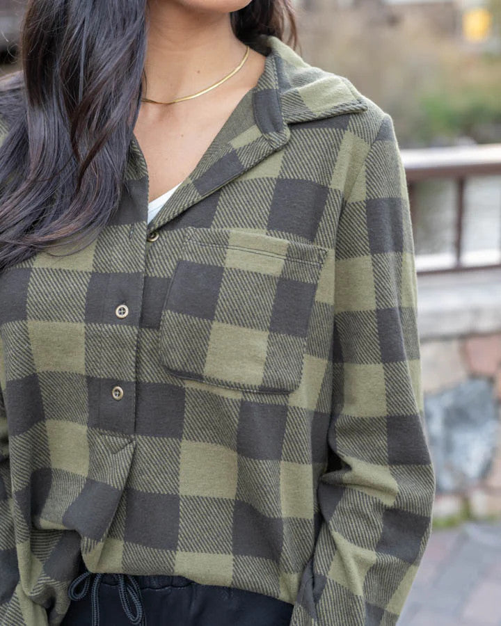 Grace and Lace Favorite Stretch Plaid Henley - Olive Plaid