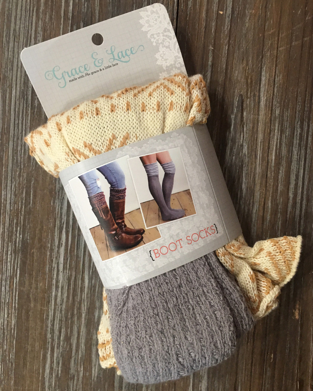 Grace and Lace Tahoe Tassel Boot Socks - (Cream/Grey)