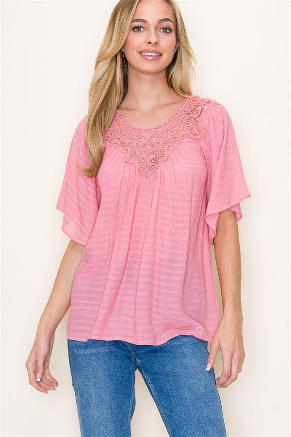 Staccato Bell Sleeve Crocheted Neck Top In Coral