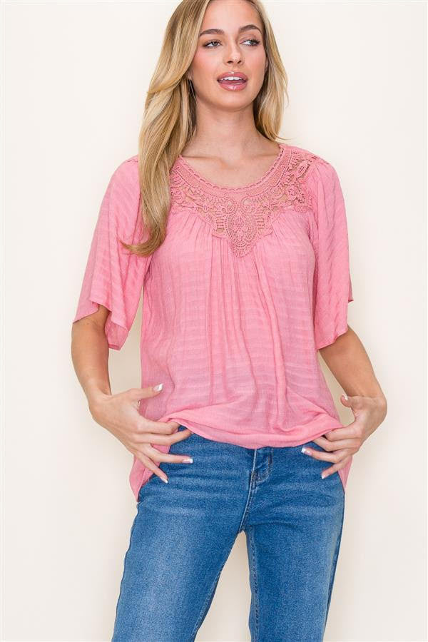 Staccato Bell Sleeve Crocheted Neck Top In Coral