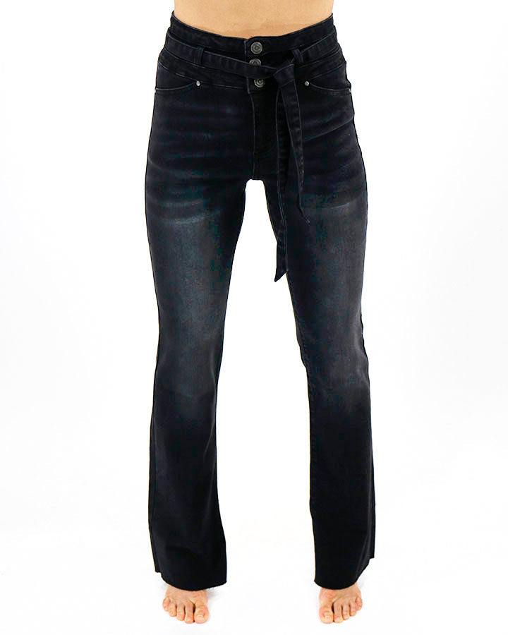Grace and Lace Waist Tie Flares in Washed Black