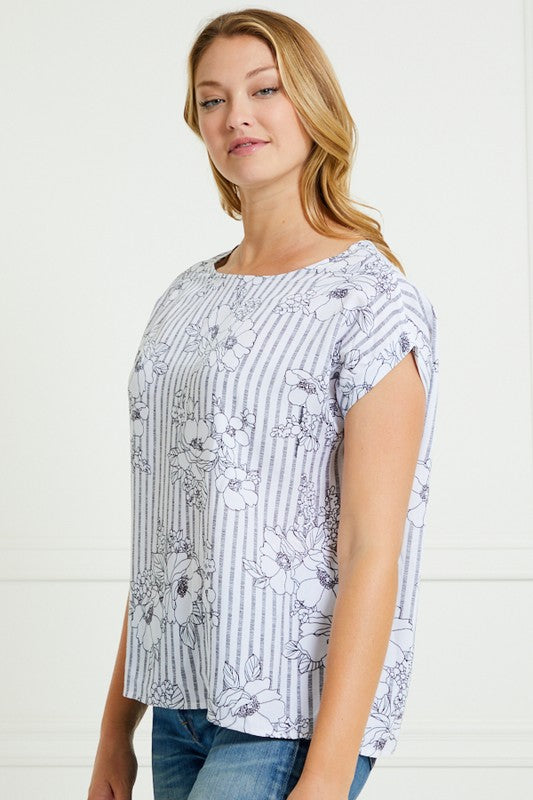 Timeless Bloom Striped Top - White with Black Floral Print